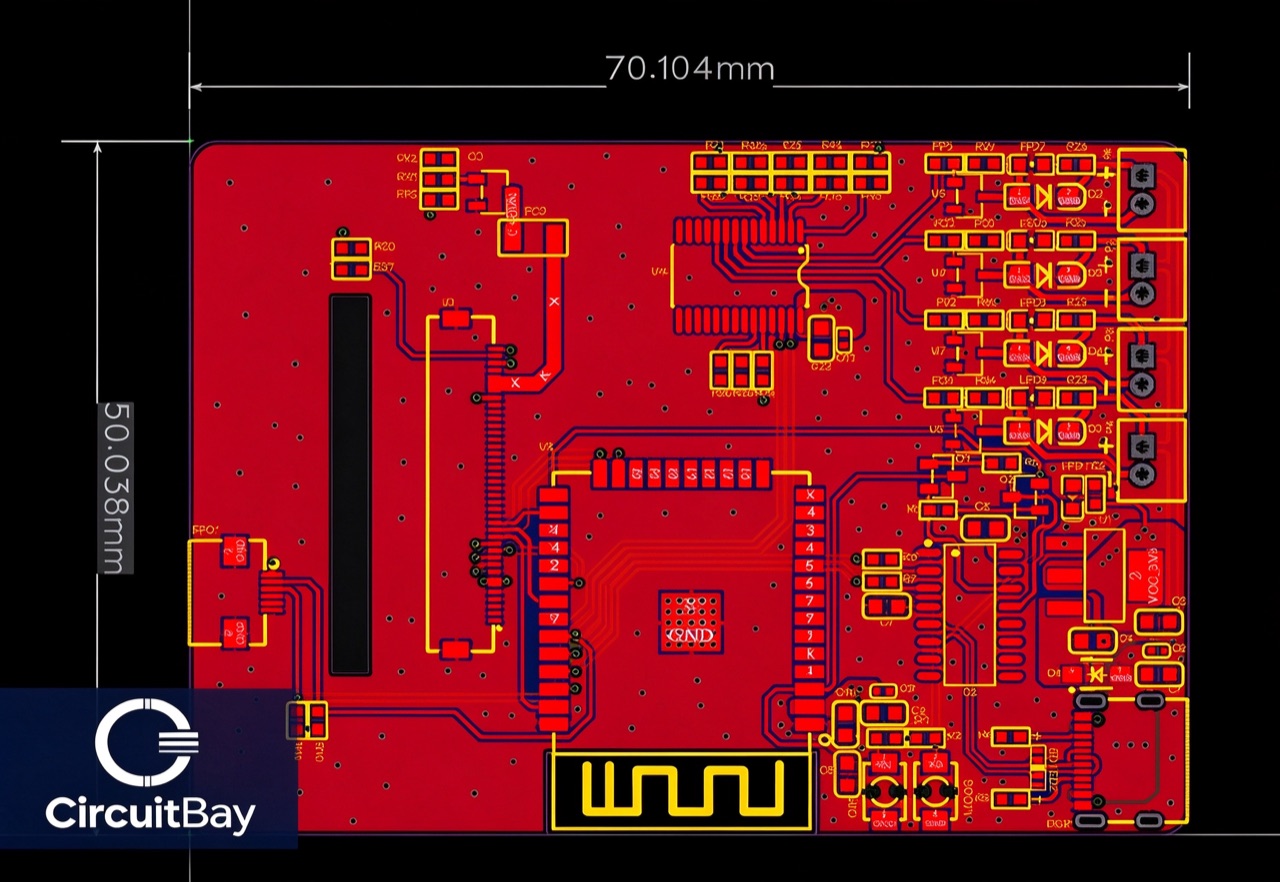 PCB layout view of an engineering prototype, with board outline dimensions and the CircuitBay watermark.